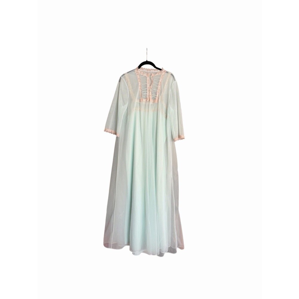 Vintage 1960’s Sears 2 Pc. Sheer Pegnoir 20pc Gown Robe Sea Foam Green 36
